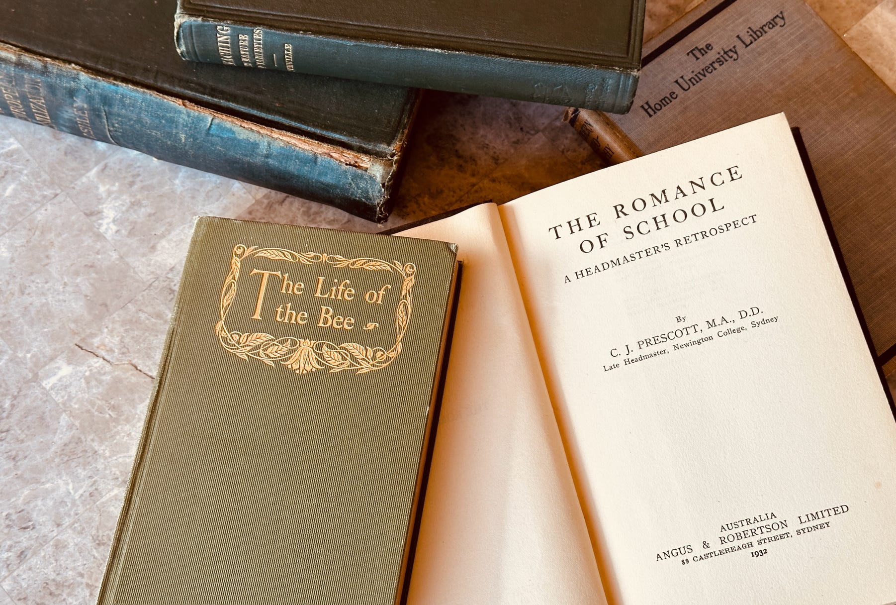 Several old books, including The Romance of School and The Life of the Bee.