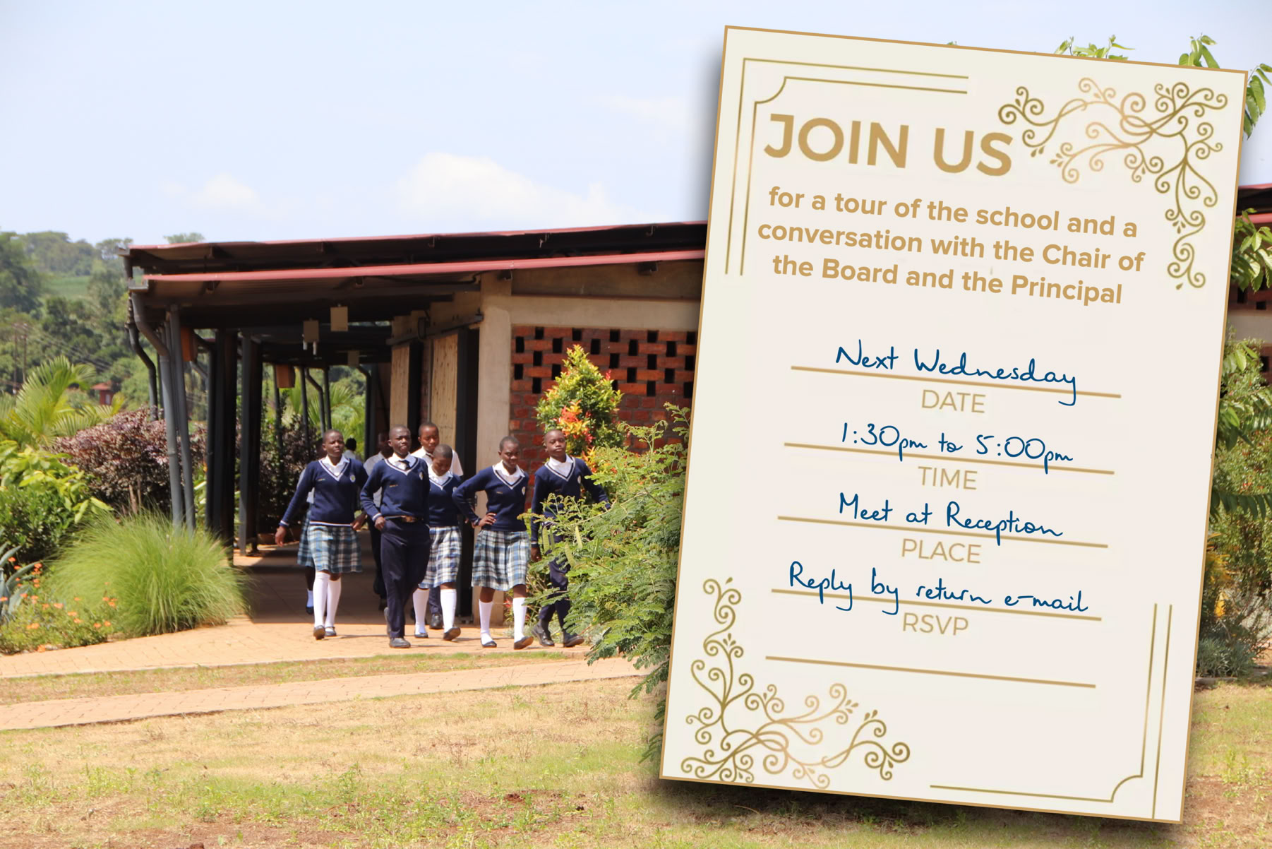 An invitation with a backdrop of The Amazima School near Jinja, Uganda.