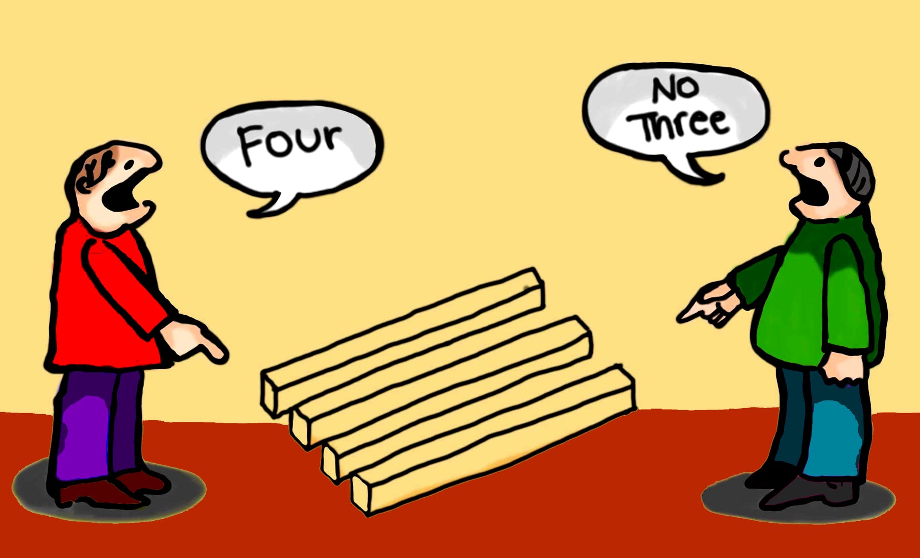 Cartoon showing disagreement because of contrasting perspectives.