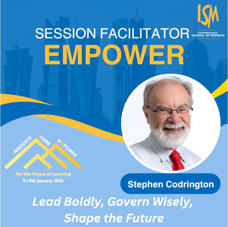 Promotional graphic produced by the International School of Monaco to promote my session facilitation at the inaugural Innovate-Share-Empower conference of international educators, 9-10 January 2026.