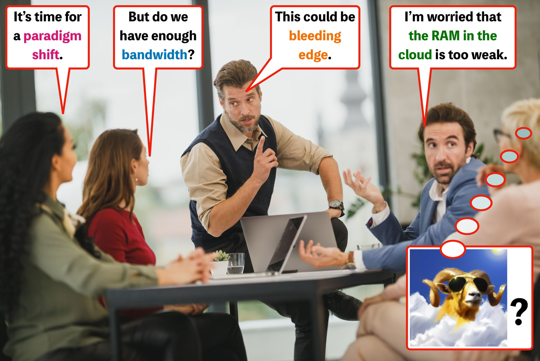 An imaginary humorous conversation highlighting the ambiguities that jargon can cause.