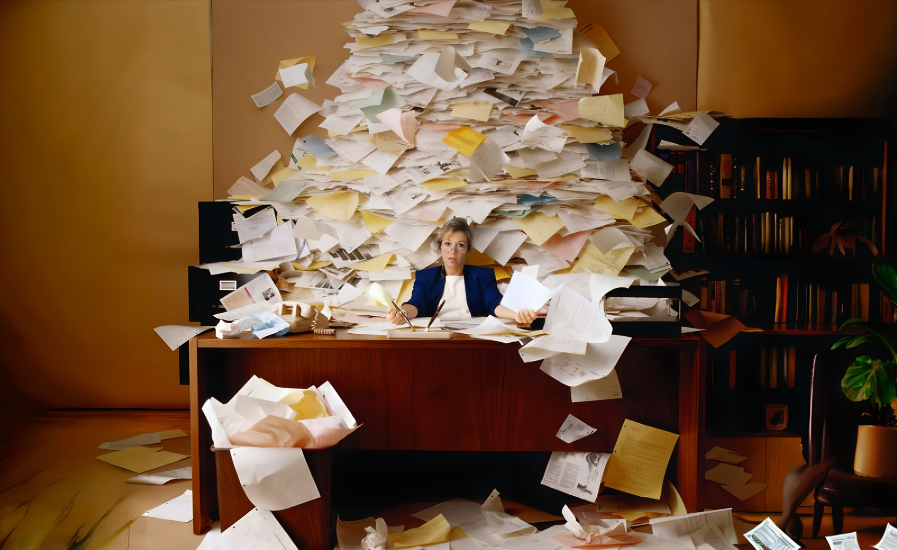 A female school principal sits at her desk while being inundated with paper.  Adapted from an original image, Credit: https://pixy.org/813123/ Copyright: CC BY-NC-ND 4.0