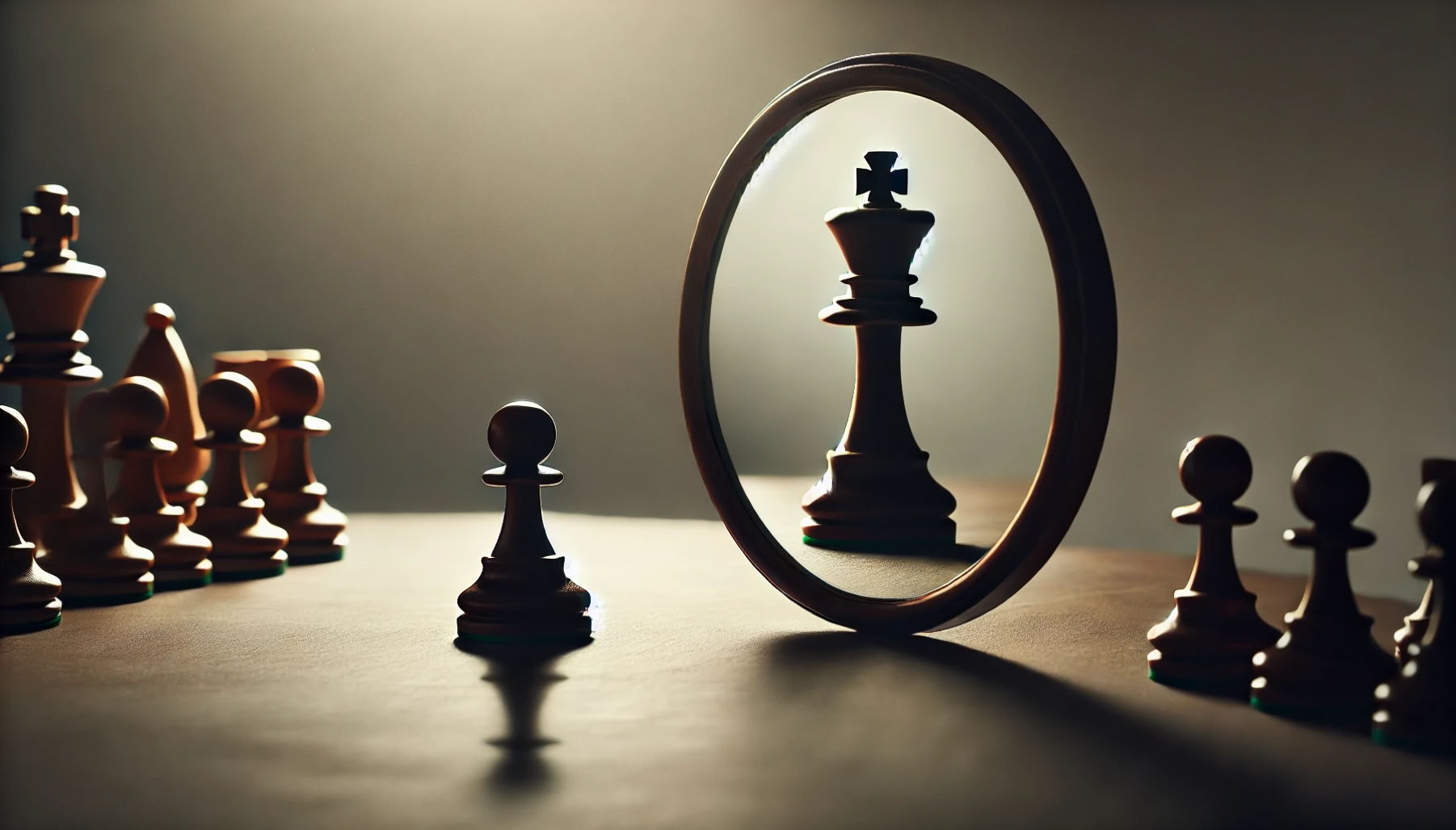 A pawn looks into a mirror and sees itself as a King.