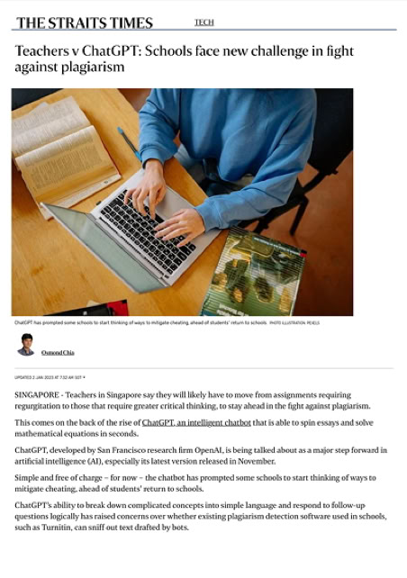 Link to Straits Times article 2 January 2023 on AI in schools