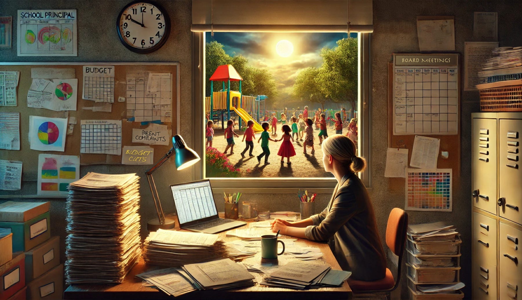 A Head of School sits at her desk, surrounded by reports, budgets and unfinished correspondence, looking wistfully through her office window at the vibrancy of children from diverse backgrounds in the playground outside, holding hands, seemingly without a worry in the world, symbolising the real-world contrast between the freedom of optimistic idealism and the prison of pragmatism.