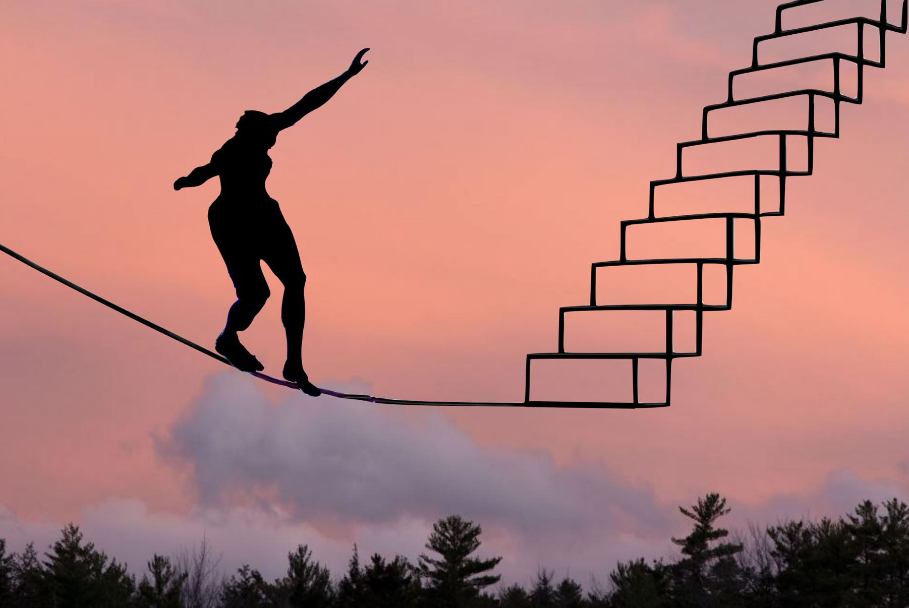 A composite photo-sketch that uses the metaphor of walking on a tightrope to an ascending set of stairs to illustrate the concept of developing antifragility.  The image was inspired by an image at https://media.licdn.com/dms/image/v2/D5612AQEM8MPLV30Pow/article-cover_image-shrink_720_1280/article-cover_image-shrink_720_1280/0/1681705407422?e=1742428800&v=beta&t=gAA28rIW21seAYWcscewul-P_qu5H_wRGaNpGBcMIxE