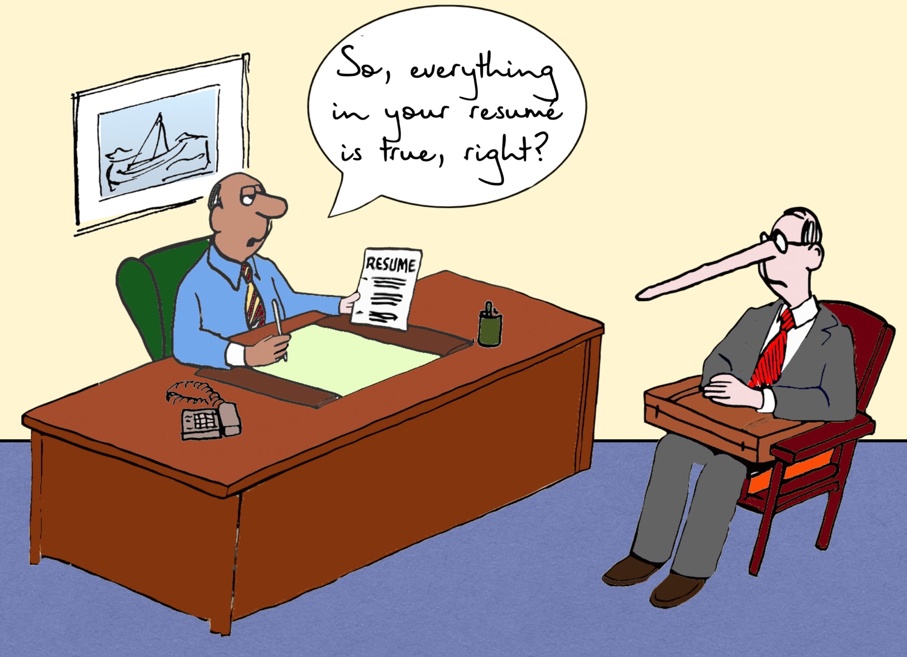 A cartoon showing a job applicant who can't hide the face that he has lied on his resumé,