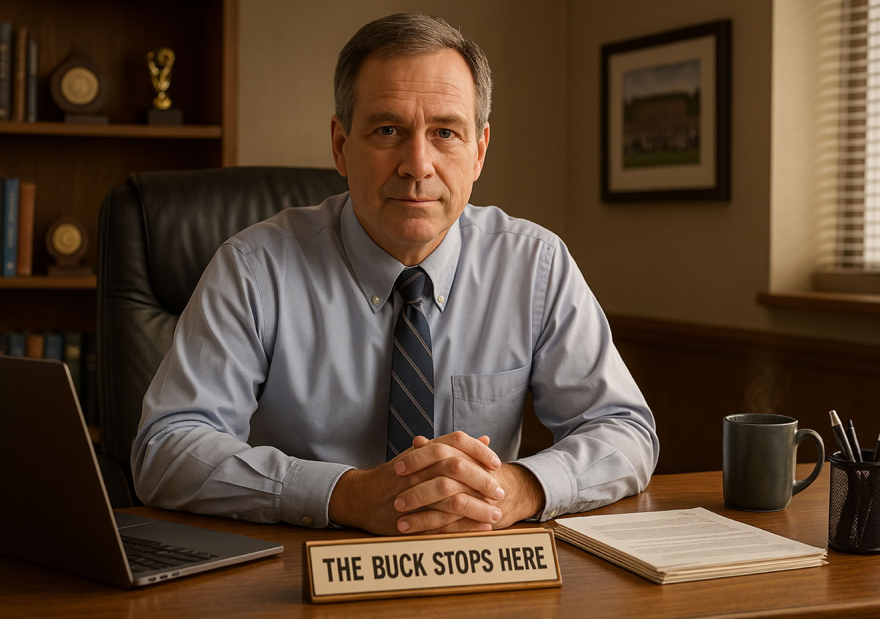A school principal sits at his desk with a sign reading "The buck stops here".
