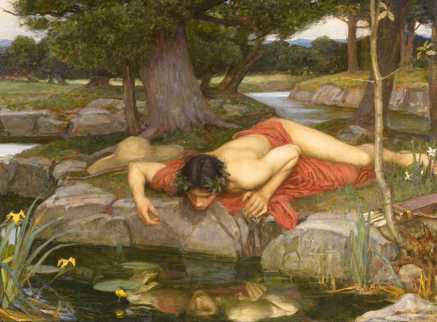 Extract from "Echo and Narcissus" (1903) by John William Waterhouse. The painting captures the tragic moment from Greek mythology where Narcissus, entranced by his reflection, is oblivious to the forlorn Echo who watches him in despair. Credit: Google Art Project. Public Domain.
