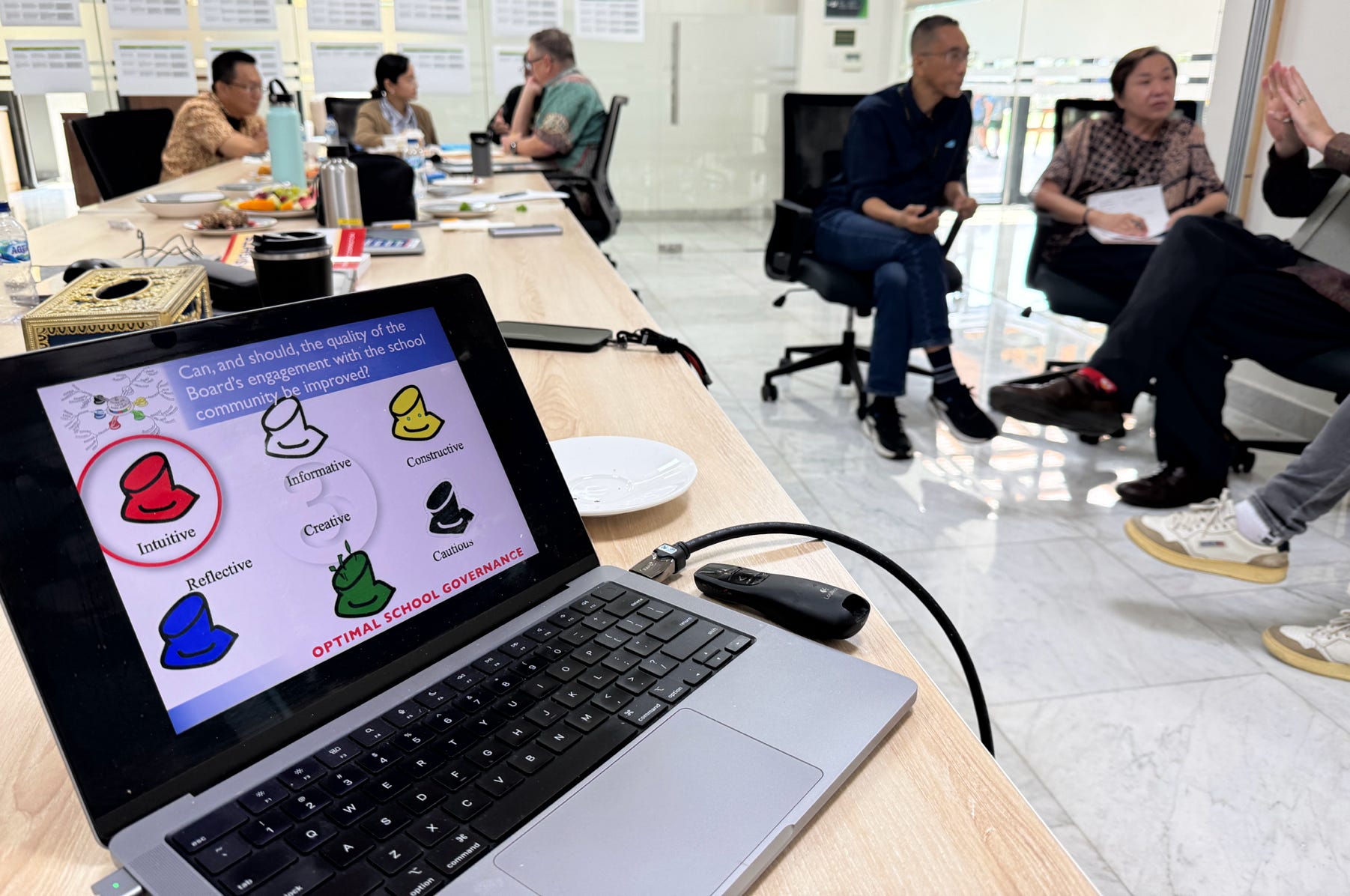 Members of the Board of the Australian Independent School in Jakarta engage in problem solving using De Bono's Six Thinking Hats.