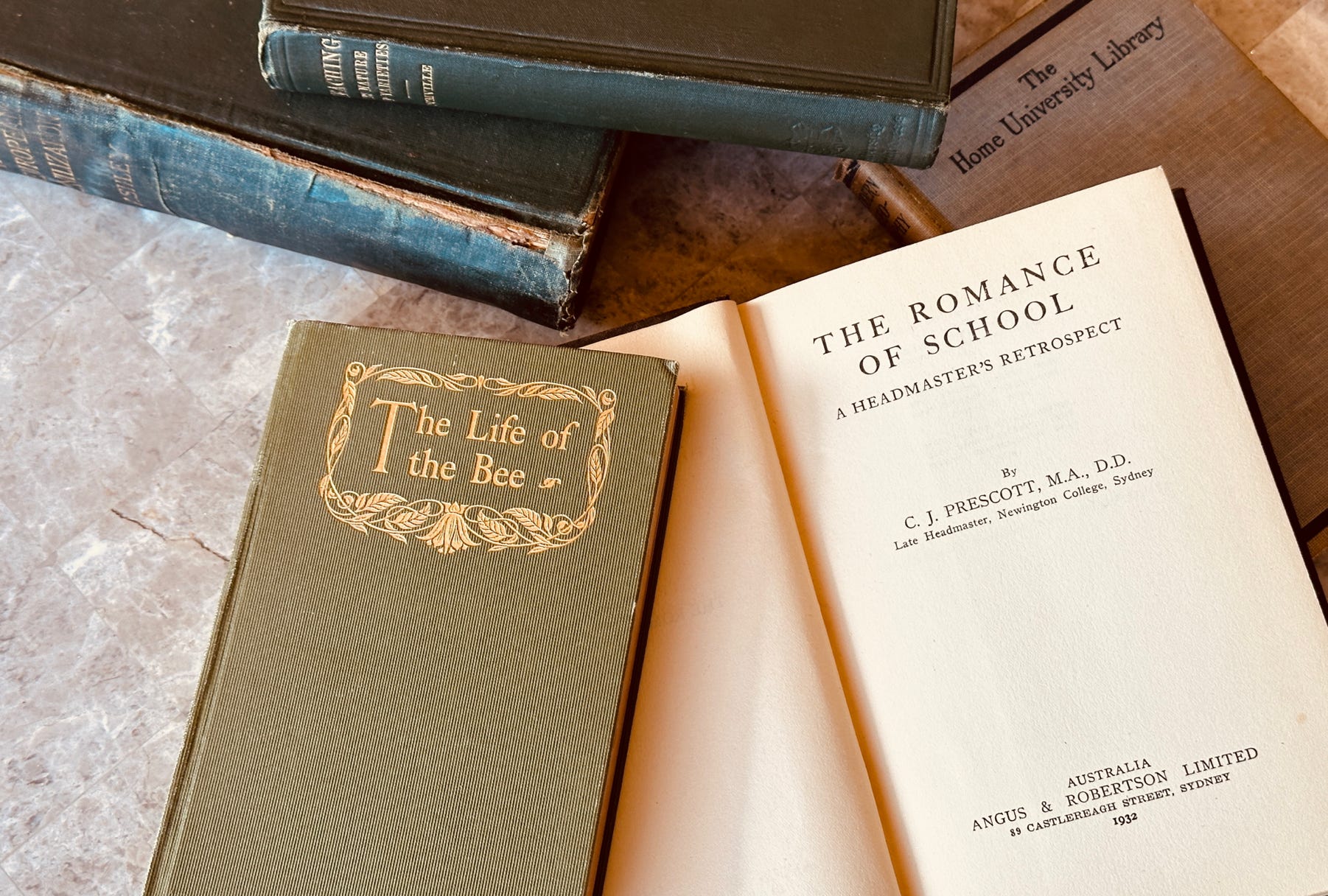Several old books, including The Romance of School and The Life of the Bee.