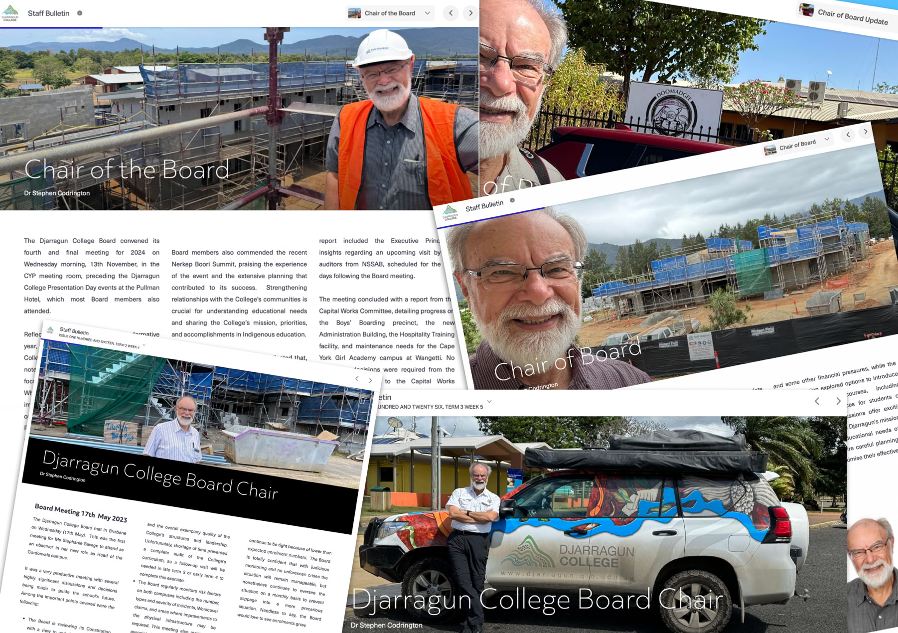 A selection of Staff Newsletters from Djarragun College, Australia, showing the articles written by the Board Chair, Stephen Codrington